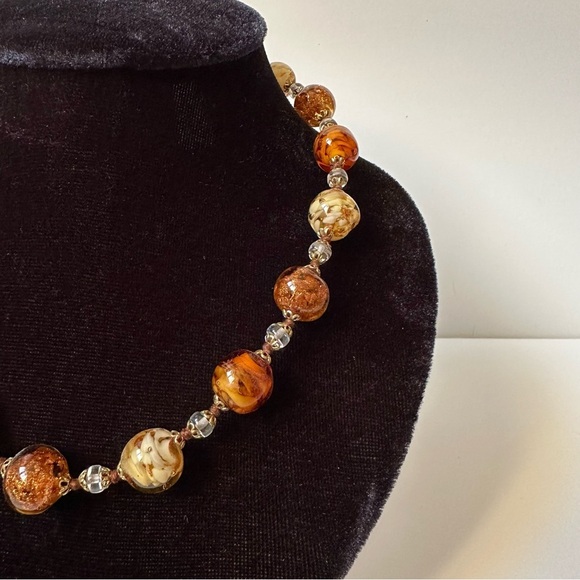 Murano Like Glass Beaded Necklace Amber Yellow Clear Beads - 19 inches - Picture 2 of 7